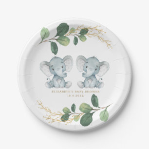 Modern Twin Elephant Greenery Gold Baby Dusche Pappteller