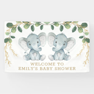 Modern Twin Elephant Jungle Greenery Babydusche Banner