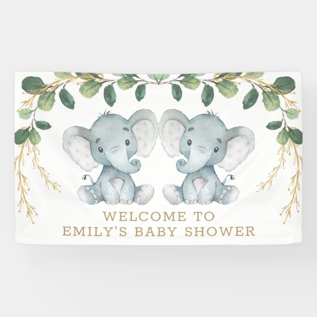 Modern Twin Elephant Jungle Greenery Babydusche Banner (Horizontal)