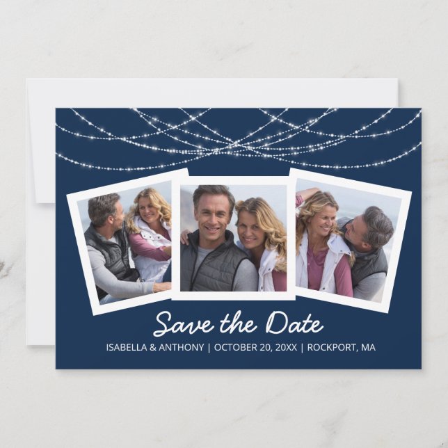 Modern Twinkle String Light Blue 3-Foto Save The Date (Vorderseite)