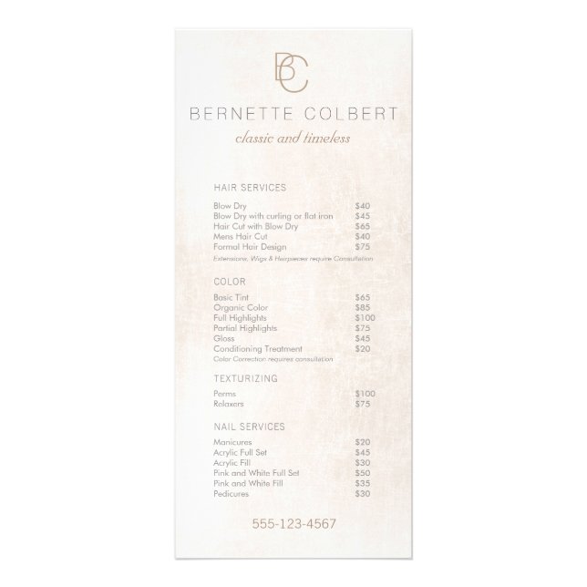 Modern Two Initial Monogram Salon Price List Menu Werbekarte (Vorne)