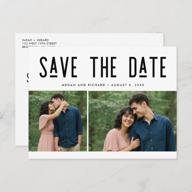 Modern Two Photo Wedding Save the Date Postcard Ankündigungspostkarte (Vorne/Hinten)