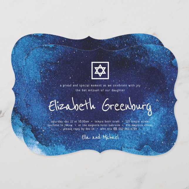 Modern Typografie Blue Watercolor Bat Mitzvah Einladung (Vorne/Hinten)