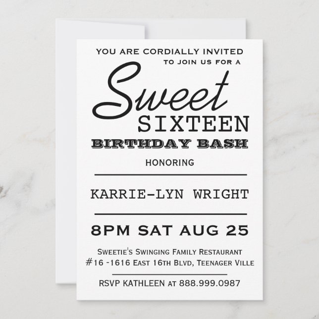 Modern Typografie Poster Style Sweet 16 Party Einladung (Vorderseite)