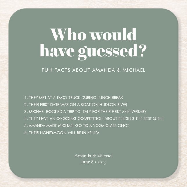 Modern Typografy Sage Green Wedding Fun Fakten Rechteckiger Pappuntersetzer (Vorderseite)