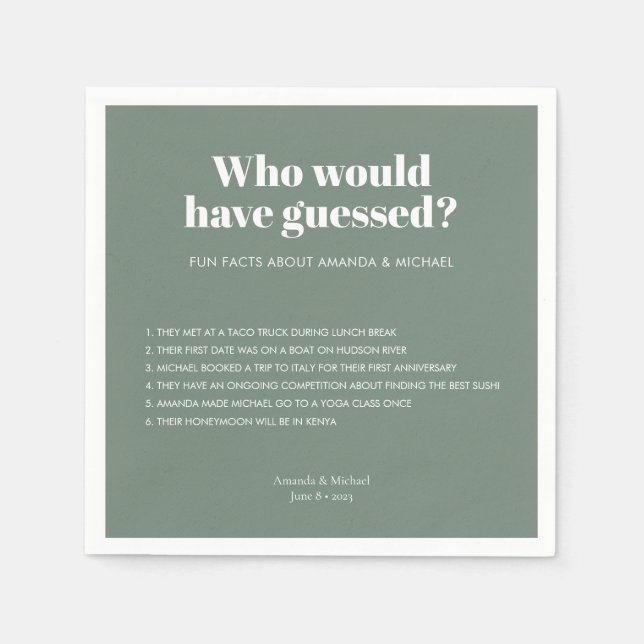 Modern Typografy Sage Green Wedding Fun Fakten Serviette (Vorderseite)