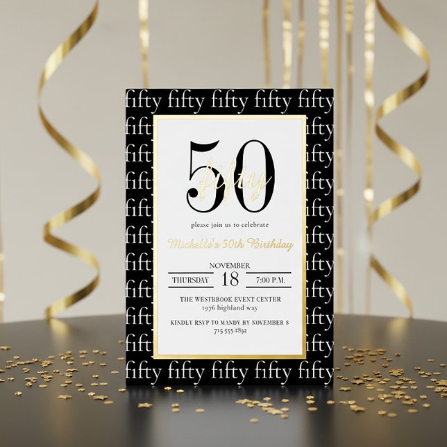 Modern Typography 50th Birthday Party Black Gold  Folieneinladung (Von Creator hochgeladen)