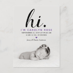 Modern Typography "Hi." Photo Birth Announcement Ankündigungspostkarte