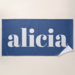 Modern Typography Personalized Name Summer Blue Strandtuch<br><div class="desc">A chic personalized design with a large lowercase name in bold white serif type on a bright blue background. Clean, modern, and easy to spot at the pool or beach. Customize with any name for a simple look that feels classic and elevated. Great for vacations, lake days, swim team meets,...</div>