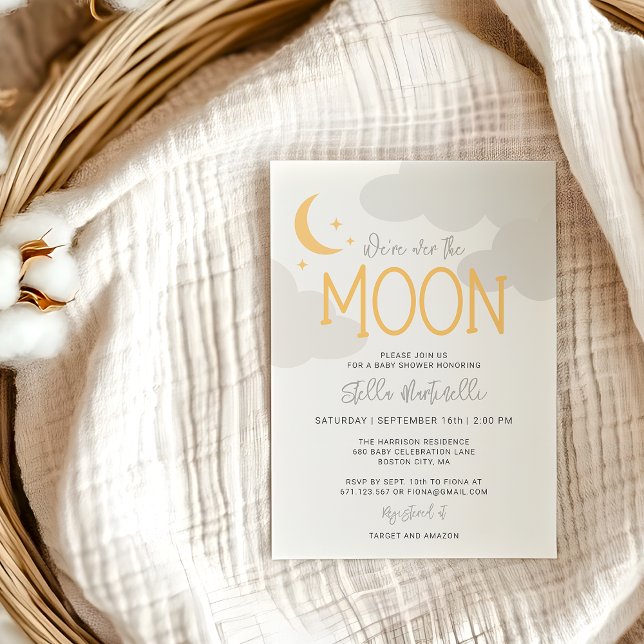 Modern über dem Mond mit Details Babydusche Einladung (Modern Over The Moon With Details Baby Shower Invitation)