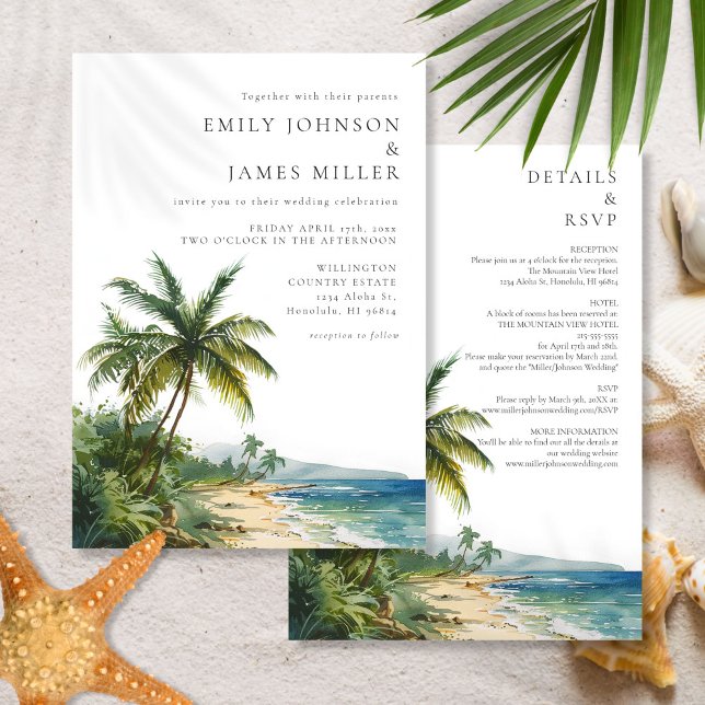 Modern und modern in einem Aquarellstrand Einladung (Modern All In One Watercolor Beach Wedding Invitation)