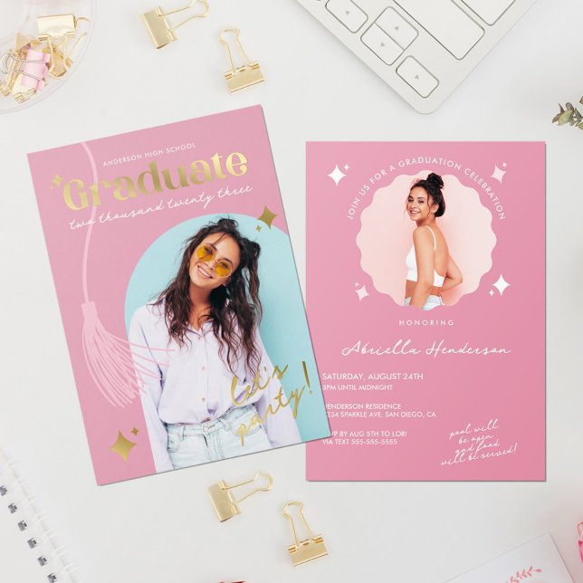 Modern und Retro-rosa Sparkle Abschluss Folieneinladung (Von Creator hochgeladen)