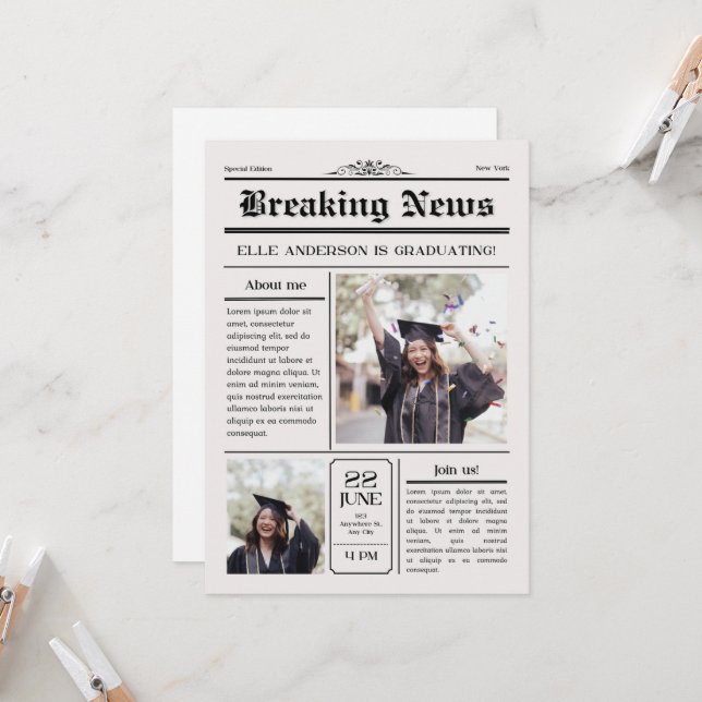 Modern Unique Fun Foto Newspaper Abschluss Einladung (Vorderseite/Rückseite Beispiel)