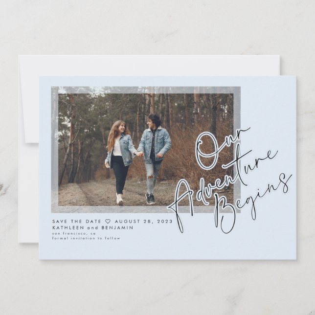 Modern Unser Abenteuer fängt Save the Date Foto an (Vorderseite)