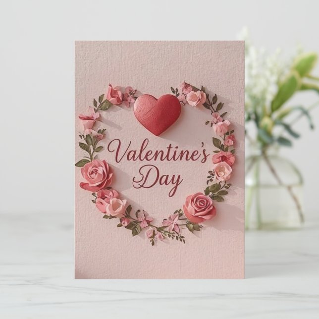Modern Valentine’s Day Card – Red Heart & Flower Einladung (Stehend Vorderseite)