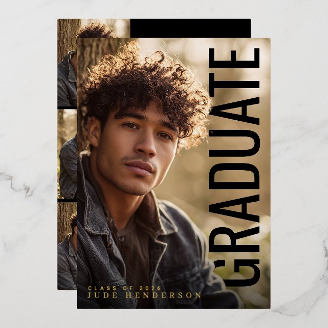 Modern Vertical PhotoPop Graduation Party Folieneinladung (Vorderseite/Rückseite)