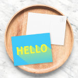 Modern Vibranly Blue and Yellow Hello Typografy Postkarte<br><div class="desc">Mit dieser blauen Karte mit einem modernen abstrakten Design eines gelben "Hallo" mit einem langen Schattengradienten können Sie Familie und Freunden ein Hallo senden. *Bitte beachten Sie,  dass das Zazzle-Wasserzeichen,  das in der Zoomvorschau angezeigt wird,  NICHT auf dem gedruckten Endprodukt erscheint. © Rosewood and Citrus</div>