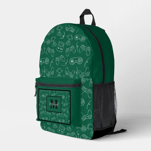 Modern Video Game Controller Gamer Monogram Green Bedruckter Rucksack (Rückseitige Ecke Rechts)
