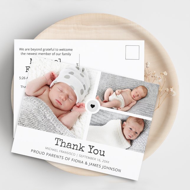 Modern Vielen Dank Fotos Grid Collage Birth Ankündigungspostkarte (Modern Thank You Photos Grid Collage Birth Announcement Postcard)