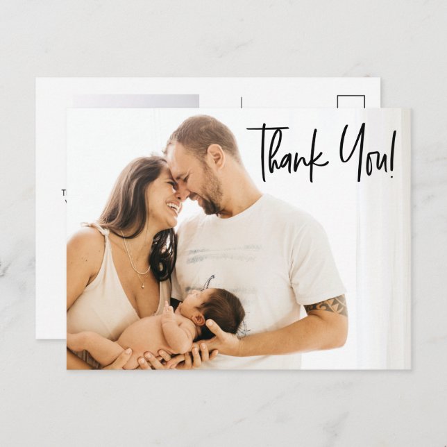 Modern Vielen Dank, Script Baby Girl Fotos Ankündigungspostkarte (Vorne/Hinten)