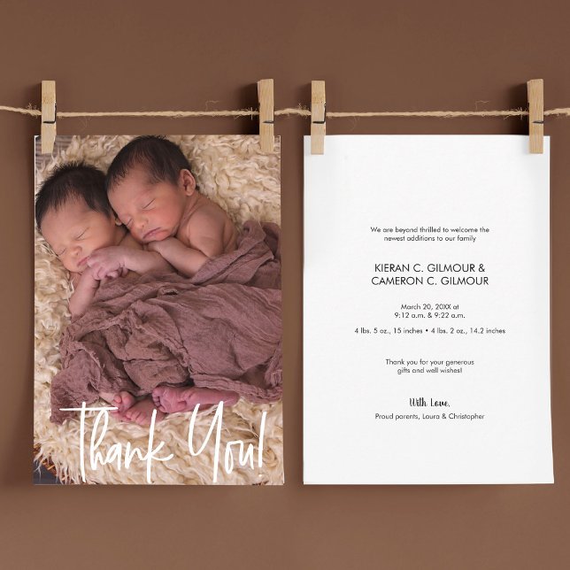 Modern Vielen Dank, Twin Baby Foto Personalisiert Dankeskarte (modern baby twins photo announcement thank you cards)