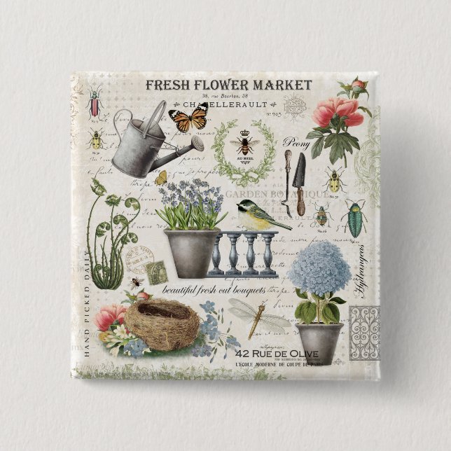 Modern Vintage french farmhouse flower garden Button (Vorderseite)