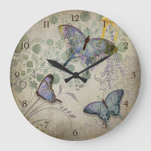 Modern Vintage Wallpaper Floral Design Butterflies Große Wanduhr (Vorderseite)