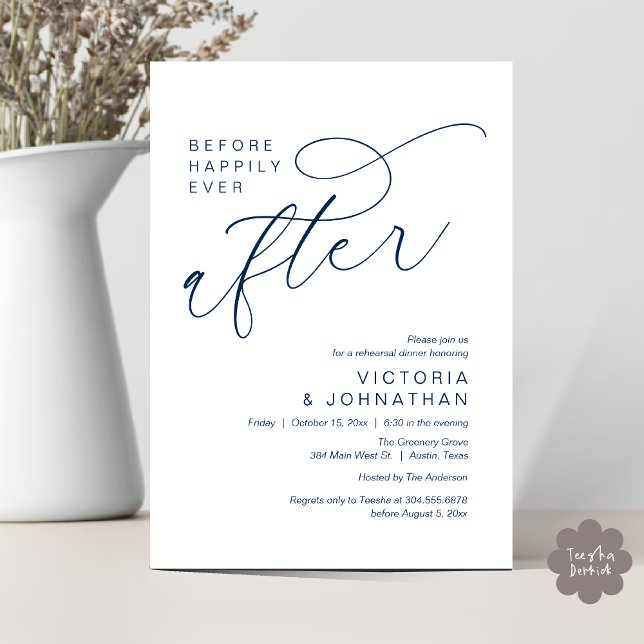 Modern vor glücklich immer nach Probe Abendessen Einladung (Modern Before Happily Ever After Romantic Rehearsal Dinner Invites Card PDF Aesthetic navy Blue)