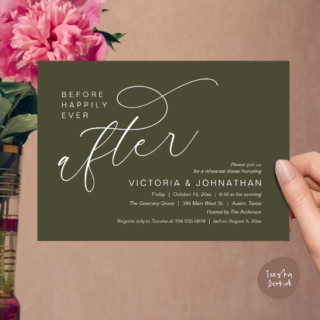 Modern vor glücklich immer nach Probe Abendessen Einladung (Modern Before Happily Ever After Romantic Rehearsal Dinner Invites Card PDF Aesthetic Olive Green)
