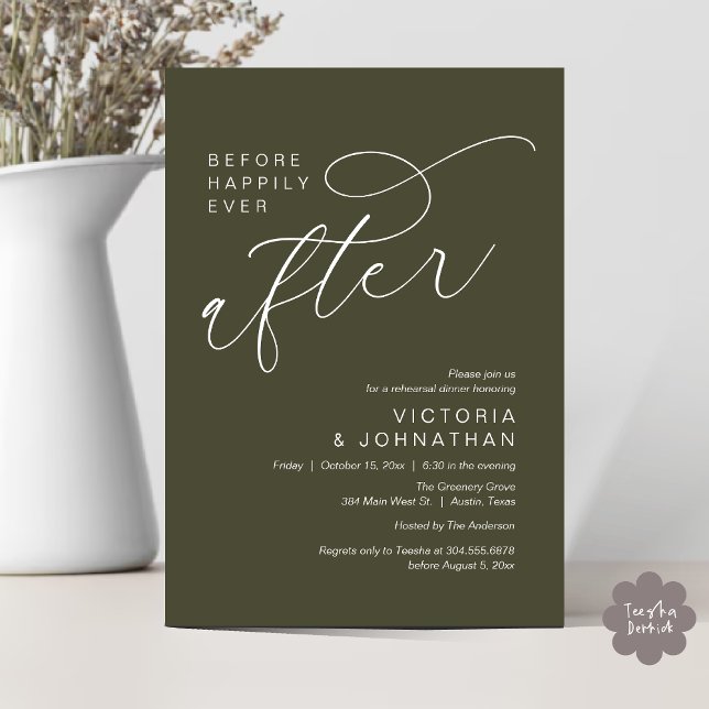 Modern vor glücklich immer nach Probe Abendessen Einladung (Modern Before Happily Ever After Romantic Rehearsal Dinner Invites Card PDF Aesthetic Olive Green)