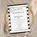 Modern Vow Renewal Classic Stripe Gold Border Einladung<br><div class="desc">With a classic black and white stripe background,  this elegant vow renewal invitation features an elegant faux gold foil border framing your details set in chic typography. Designed by Thisisnotme©</div>