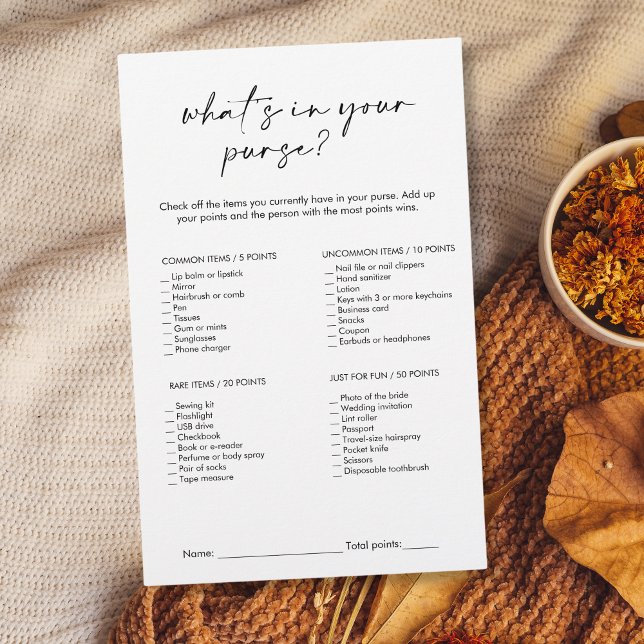 Modern, was in eurem Purse-Brautparty-Spiel steckt (modern minimalist black and white "what's in your purse?" bridal shower game)