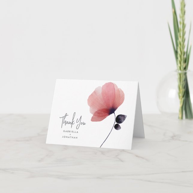 Modern Water Color Blush Poppy Hochzeit Dankeskarte (Vorderseite)
