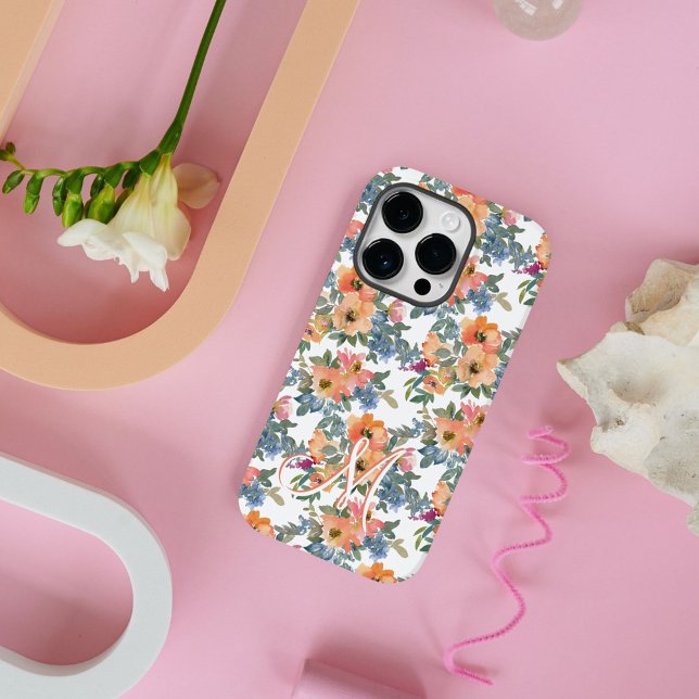 Modern Water Color Peach Floral Muster Monogram M Case-Mate iPhone Hülle (Von Creator hochgeladen)