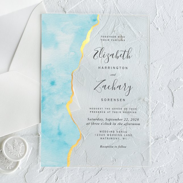 Modern Watercolor Aqua Blue Agate Wedding Acryleinladungen (Von Creator hochgeladen)
