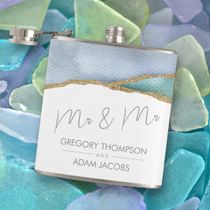 Modern Watercolor Aquamarin Dusty Blue Mr. Wedding Flachmann