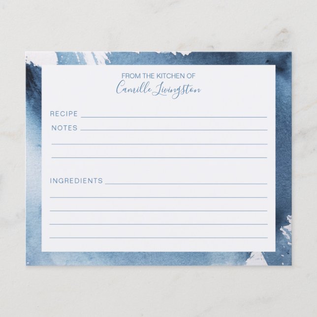 Modern Watercolor Blue Abstrakt Name Rezept Card (Vorderseite)