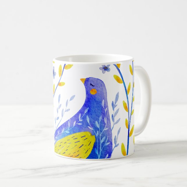 Modern Watercolor Blue and Yellow Bird Art Kaffeetasse (VorderseiteRechts)