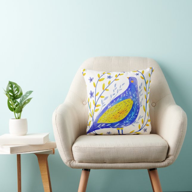 Modern Watercolor Blue and Yellow Bird Art Kissen (Stuhl )