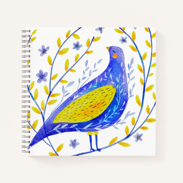 Modern Watercolor Blue and Yellow Bird Art Notizbuch (Vorderseite)
