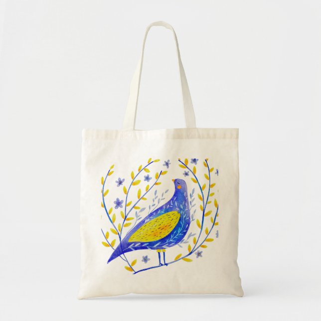 Modern Watercolor Blue and Yellow Bird Art Tragetasche (Vorne)