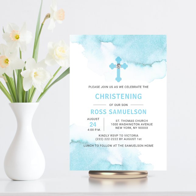 Modern Watercolor Blue BOY Taufen Christening Inv Einladung (Von Creator hochgeladen)