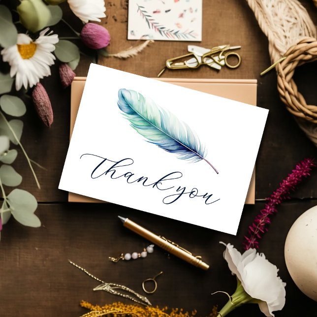 Modern Watercolor Blue Feather Birthday Dankeskarte (Von Creator hochgeladen)