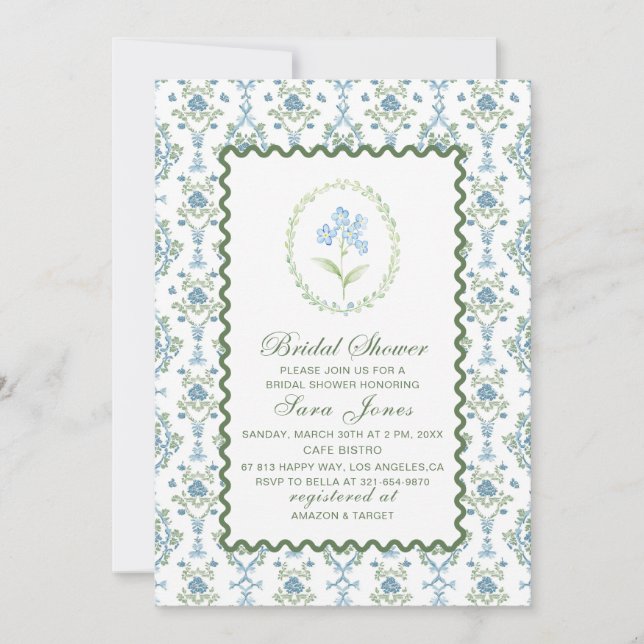 Modern Watercolor Blue flowers Bridal ShInvitation Einladung (Vorderseite)