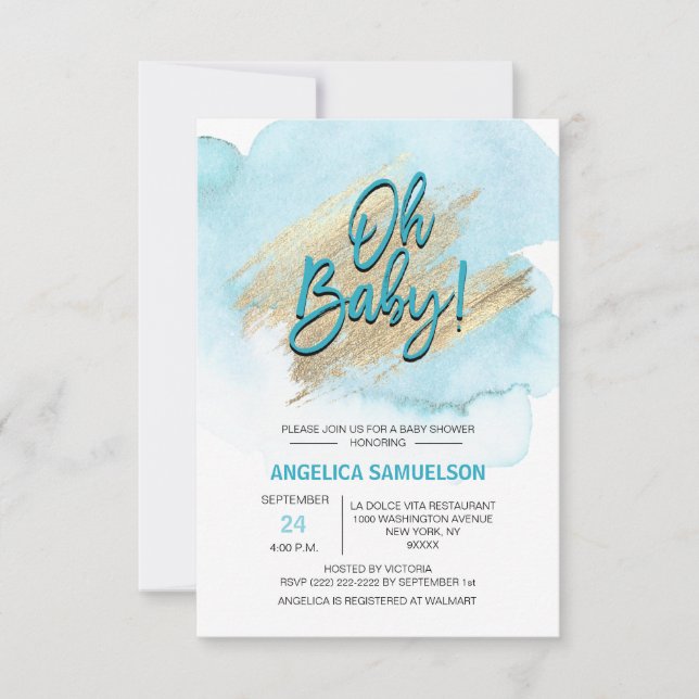Modern Watercolor Blue Gold Oh Baby Dusche Einladung (Vorderseite)