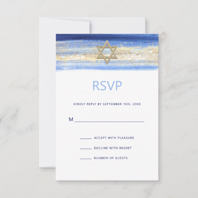 Modern Watercolor Blue Gold Star BAR MITZVAH RSVP Karte (Vorderseite)