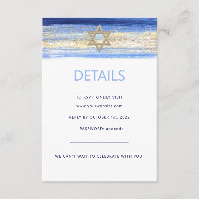 Modern Watercolor Blue Gold Star BAR MITZVAH UAWG  Begleitkarte (Vorderseite)