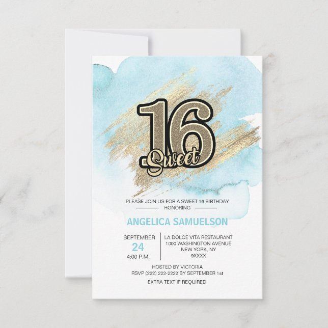 Modern Watercolor Blue Gold Sweet 16 Sechzehn Einladung (Vorderseite)