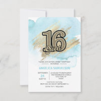 Modern Watercolor Blue Gold Sweet 16 Sechzehn