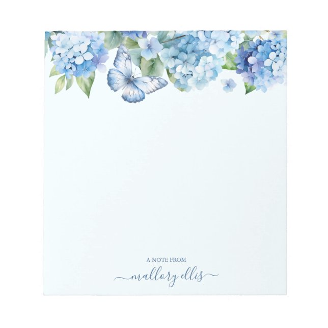 Modern Watercolor Blue Hydrangea Butterfly Notizblock (Vorderseite)